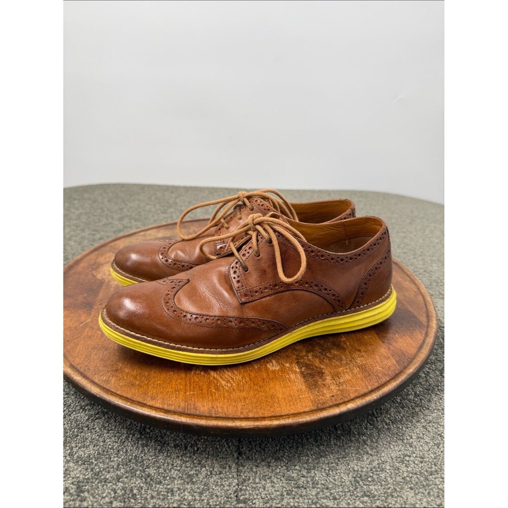 Cole Haan Shoes Mens 7.5 Lunargrand Wingtip Brown Leather Yellow Sole Dress